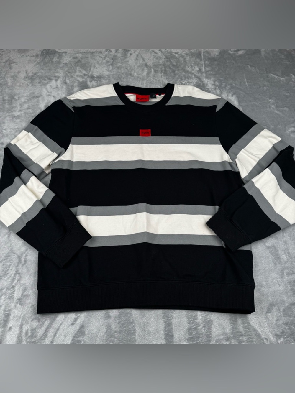 Hugo Boss Sweatshirt Mens Size XXL Logo Contrast Striped Crew Black Gray White